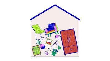 Messy house full of excess stuff line cartoon animation. Overconsumption problem 4K motion graphic. Hoarding and belongings keeping 2D linear animated scene isolated on white background video