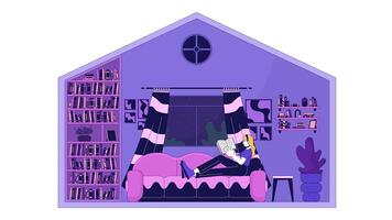 European woman with book resting at home line cartoon animation. Chilling in apartment 4K motion graphic. Female reader in living room 2D linear animated character isolated on white background video