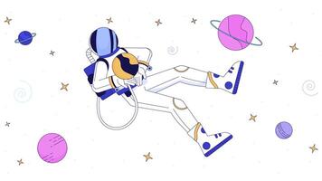 mutig Astronaut im äußere Raum Linie Karikatur Animation. Kosmos Erkundung 4k Bewegung Grafik. Kosmonaut unter Planeten und Sterne 2d linear animiert Charakter isoliert auf Weiß Hintergrund video