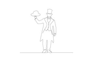 Magician continuous line art drawing. Magician wearing suit and hat outline vector