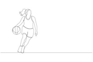 Professional basketball player continuous line drawing. Girl playing basketball outline vector