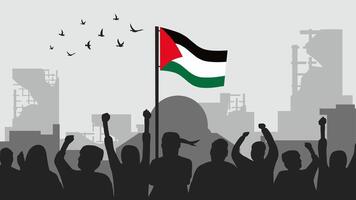 ilustración de multitud personas demostración en Palestina dañado ciudad vector