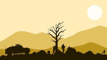 Landscape illustration of silhouette soldier at military training area vector