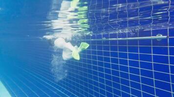 Under water view of professional female swimmer. Woman athlete swimmer training at swimming pool. Underwater view woman dives in pool. Underwater view of girl diving gliding underwater with bubbles video