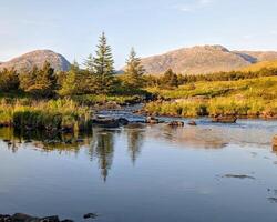 Beautiful landscape scenery, river with mountains and pine trees reflection, nature background Derryclare natural reserve at Connemara national park, county Galway, Ireland, wallpaper photo