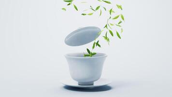 Chinese ancient teapot and teacup with tea leaves, 3d rendering. video