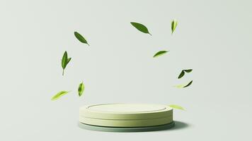 Green natural tea leaves and product stage, 3d rendering. video