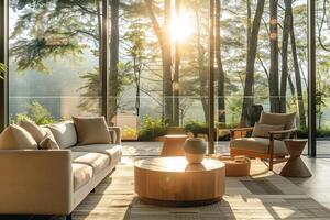 House with sofa, furniture interior design. Room in home, living modern green couch. White apartment photo