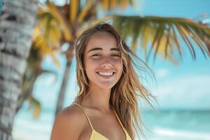 Young women enjoying summer vacation, smiling at beach. Carefree, fun lifestyle, sunset backdrop, photo