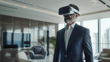Futuristic man using virtual reality headset, innovation in business with VR device. photo