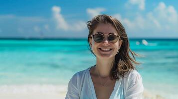 Young, happy woman on beach vacation. Tropical leisure, ocean, sky, sand. Attractive model portrait photo