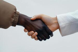 Handshake symbolizing friendship and unity. Multiracial cooperation, Caucasian and Black hands join photo