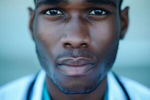 retrato de un masculino persona, cara de cerca. negro cabeza adulto mirando chico, africano aislado atractivo foto