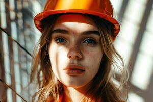 Young female engineer, architect in helmet, working at construction site. Attractive, stylish woman photo