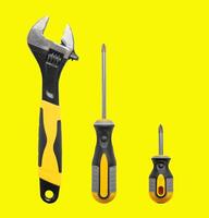 Tools and equipment for work and repair. Construction metal industrial wrench. Screwdriver fix set photo