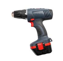 Drilling equipment, electric driller tool, cordless screwdriver construct. White battery isolated photo