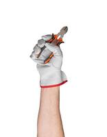 Isolated cutter and plier in hand. White glove for background tool. Human work closeup of man arm. photo