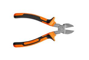 Isolated pliers on white background, diagonal metal cutting tool. Insulated grip handle for photo