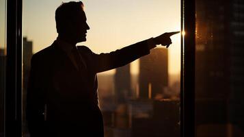 Businessman overlooking cityscape, successful and contemplative. Male executive in suit, confident photo