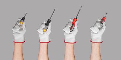 Screwdriver hand tool, screw repair white driver. Hold maintenance mechanic handle. Work worker photo