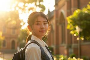 Cheerful female student with backpack standing outdoors. Young Caucasian woman, happy, studying in photo