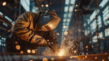 Industrial welder working with steel in factory, sparks and light from welding. Safety equipment and photo