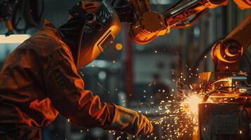 Industrial scene in steel factory, welder at work with sparks. Skilled job requiring manual photo