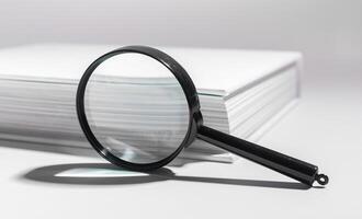 Business discovery with magnifying glass, searching on paper. Optical lens for magnification, photo