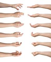 Woman showing hand gestures, fingers movements isolated. Closeup of arm gestures on white background photo