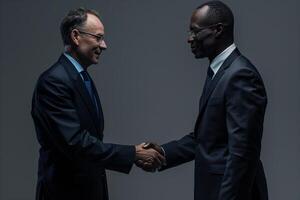 Happy businessmen handshake, diverse partnership in office. Successful corporate agreement, photo