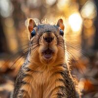 Squirrel in park, fluffy grey tail and soft fur, feeding on nut. Close up portrait of squirrel, photo
