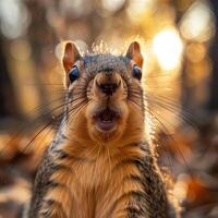 ardilla en parque, mullido gris cola y suave pelo, alimentación en tuerca. cerca arriba retrato de ardilla, foto