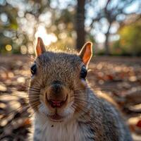 ardilla comiendo nuez en parque, mullido gris roedor en suelo. cerca arriba de ardilla en natural foto