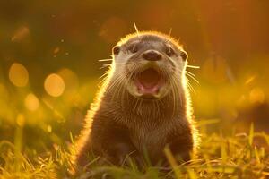 nutria por río, cerca arriba de roedor en naturaleza. pequeño peludo animal comiendo, mojado pelo, alerta expresión. foto