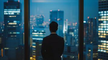 A successful businessman in a modern urban setting, standing near a window in a high-rise building, photo