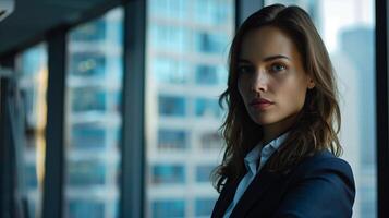 Confident young businesswoman in office, portrait of successful executive in suit, smiling and photo