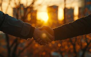 Business handshake concept with diverse group of people and sunset background photo