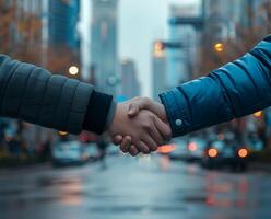 A successful handshake between a businessman and a businesswoman, symbolizing teamwork and agreement photo