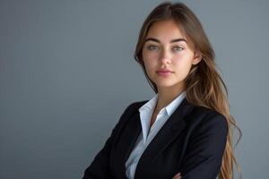 Confident young businesswoman in dark suit, standing in office, successful career professional. photo