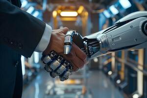 Futuristic robot and human handshake concept symbolizing technology partnership photo