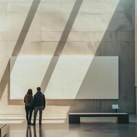 Modern art gallery, empty room, abstract design. Person standing in shadow, exploring exhibition. photo