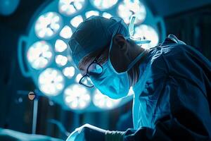 Surgeon in blue gloves, mask, operating in surgical room. Team of healthcare professionals providing photo