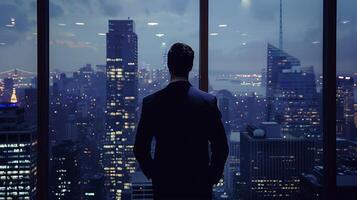 Professional businessman in suit, modern city building window reflects male business man. photo