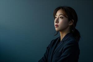 Portrait of young Asian businesswoman in formal suit, on white background. Professional, attractive photo
