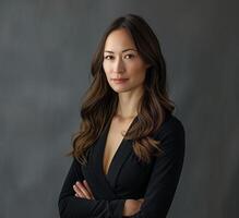 Portrait of cheerful Asian businesswoman in elegant suit, smiling confidently. Successful young photo