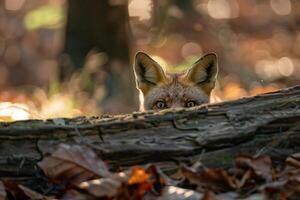 Red fox in wild, predator in nature. Young, furry animal with vibrant fur, hunting in forest. photo