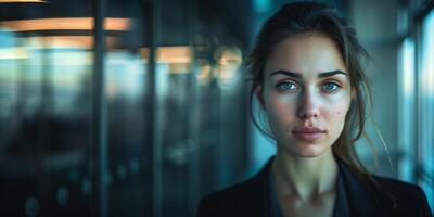 profesional joven mujer, negocio retrato, elegante, seguro. moderno mujer de negocios en oficina, foto