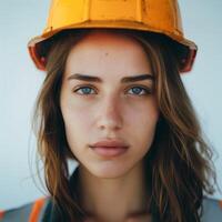 Confident female engineer in yellow helmet at construction site. Attractive Caucasian architect in photo