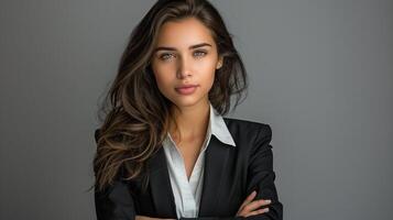 modern businesswoman displaying confidence, gray studio background photo