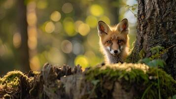 Young red fox in spring, curious and alert in natural setting. Vibrant fur, playful stance in green photo